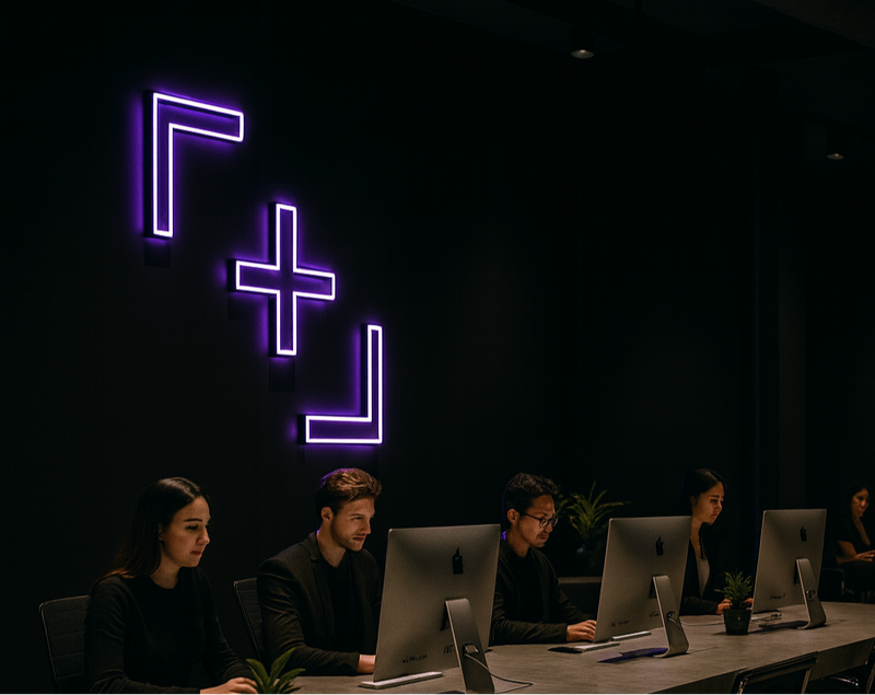 People working on computers in a dark room with neon geometric shapes on the wall.