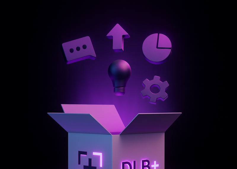 Open purple box with various icons on a black background